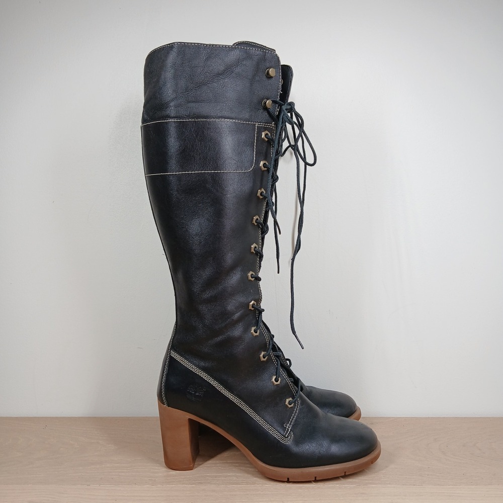 Timberland Boots Women 9.5 Black Leather Knee High Lace Up Block Heel - Picture 5 of 12